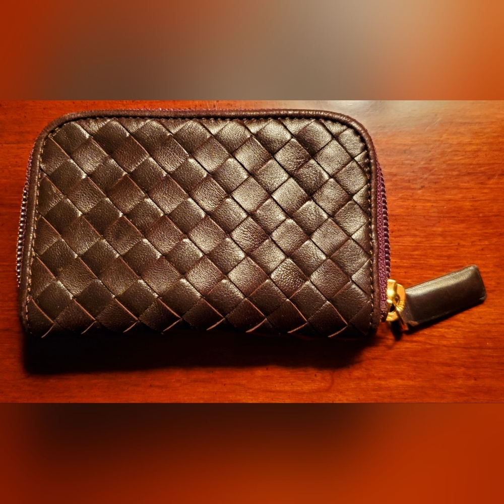 BOTTEGA VENETA VINT CHOCOLATE BROWN WOVEN NAPPA LEATHER ZIP COIN PURSE CC CARD
